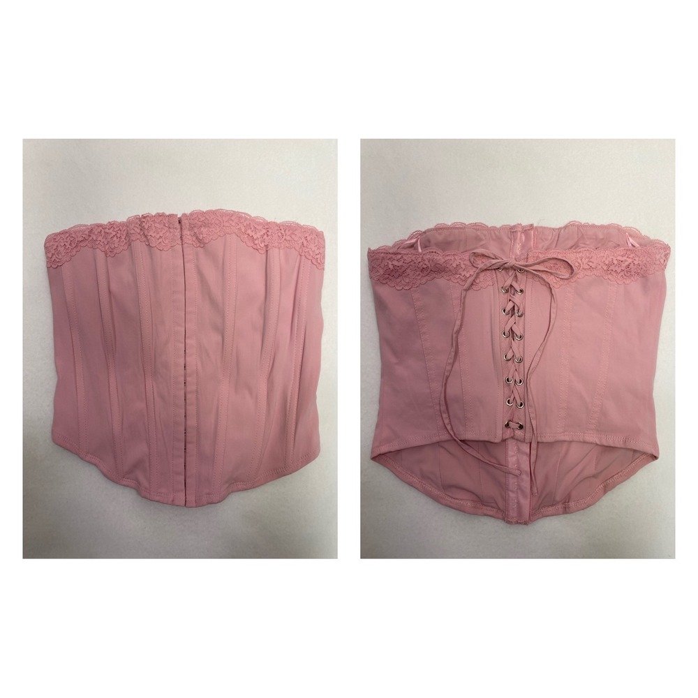 Pink Lace Trim Corset Top Strapless Boned Bustier‎ Crop Top Coquette